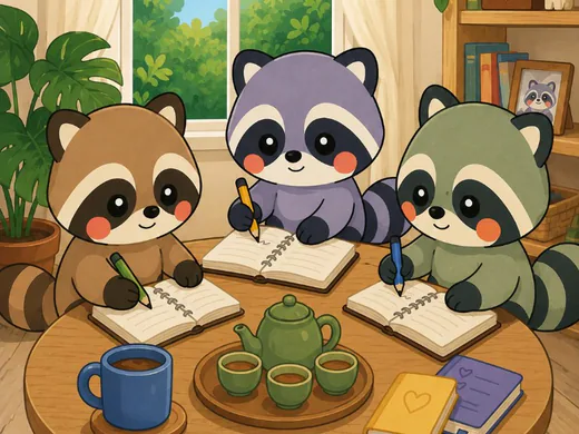 Momo and two friends sitting around the same table, each working in their own notebook