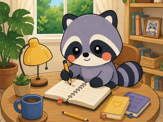 Momo the raccoon sitting alone at a table, writing in a notebook